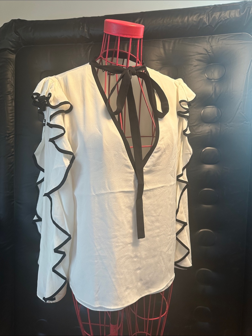 Alexis White Blouse with Black Trim & Tie Neck